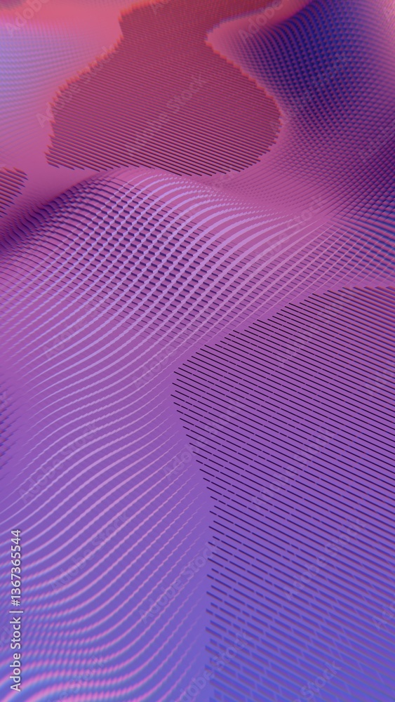 Poster A purple 3D wave pattern with a textured surface, evoking illusions of depth and technology in a minimal, modern design.......
