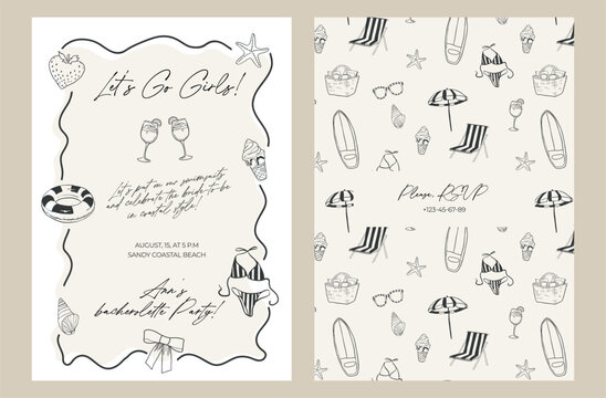 Whimsical style bachelorette party invitation - vector template. Flirtatous girly card for feminine coastal party
