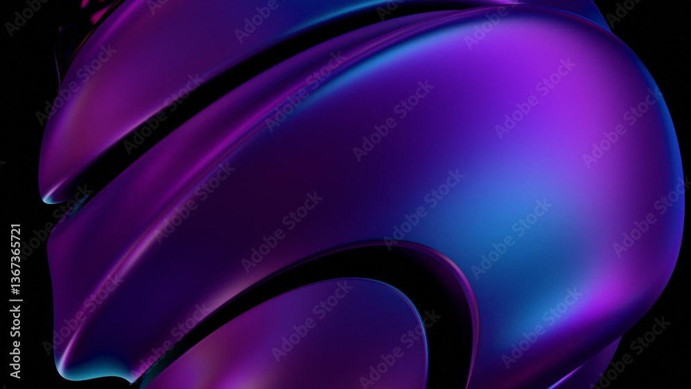 Poster fluid metallic lumps in neon purple and blue float on a black background, creating an abstract wave 