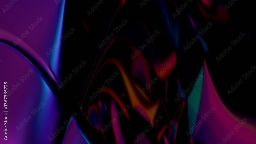 Poster Fluid metallic lumps in neon purple and blue float on a black background, creating an abstract wave pattern that merges illusions, technology, and futuristic design........