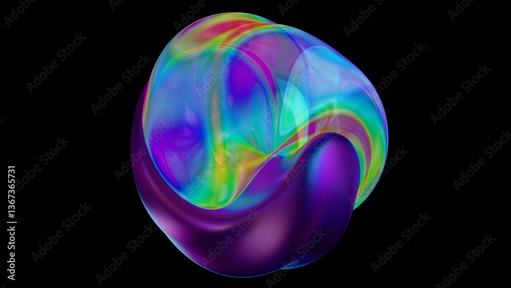 Poster fluid metallic lumps in neon purple and blue float on a black background, creating an abstract wave 