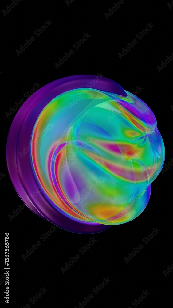 Poster Fluid metallic lumps in neon purple and blue float on a black background, creating an abstract wave pattern that merges illusions, technology, and futuristic design........