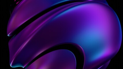 Fluid metallic lumps in neon purple and blue float on a black background, creating an abstract wave pattern that merges illusions, technology, and futuristic design........