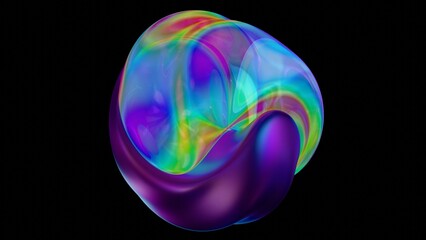 Fluid metallic lumps in neon purple and blue float on a black background, creating an abstract wave pattern that merges illusions, technology, and futuristic design........