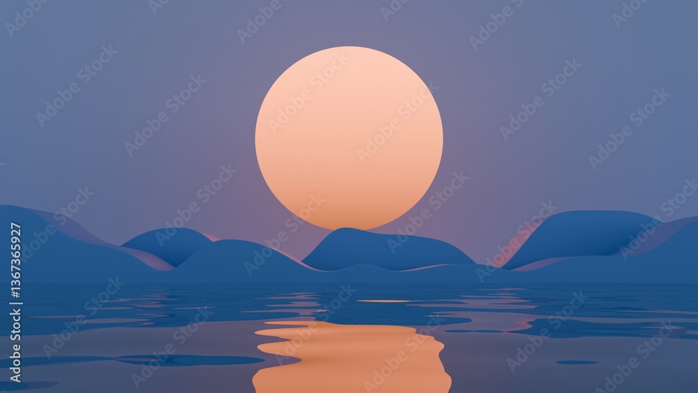 Aufkleber Minimal abstract scene with a large orange sun and rolling blue waves against a purple sky, creating a dreamy, surreal landscape with soft curves and serene tones.......