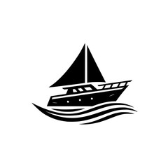 A stylized black and white logo featuring a sailing boat with a triangular sail atop rolling waves, representing a classic maritime design.