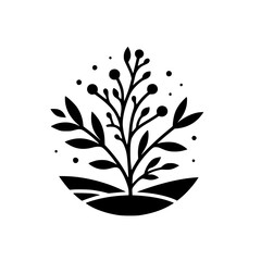 A stylized, minimalist black and white illustration of a growing plant with berries and leaves, set against a background of soft curves.