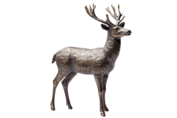Elegant bronze deer sculpture showcases intricate detailing and artistry in its naturalistic form isolated on transparent background