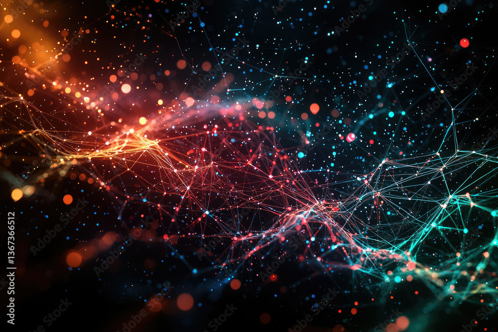 Poster Abstract digital network, interconnected nodes forming a vibrant, cosmic-like structure with glowing particles.