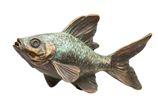 Bronze sculpture of a golden fish illustrating elegance in artistry and craftsmanship isolated on transparent background