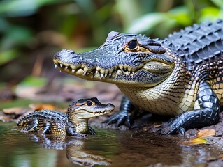 Fototapeta premium A mother American alligator protects her small baby alligator in a swampy habitat near water.