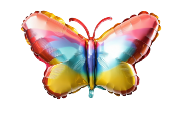 Colorful butterfly-shaped balloon floating gently in a bright, airy space isolated on transparent background