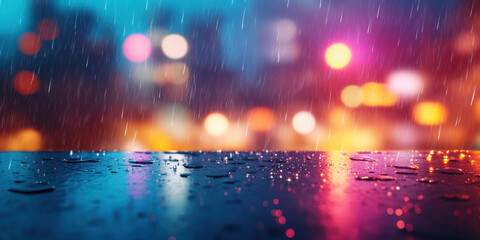 Fototapeta premium vibrant cityscape illuminated by colorful bokeh lights creates dreamy atmosphere, enhanced by raindrops on reflective surface. scene evokes sense of tranquility and wonder
