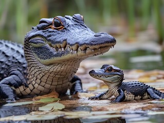 Obraz premium An American alligator mother tenderly watches over her small baby alligator in a swampy habitat.