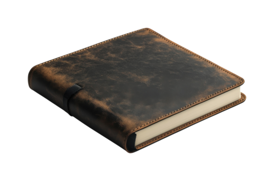 A leather-bound journal resting on a smooth surface, highlighting its unique texture isolated on transparent background