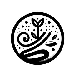 Obraz premium Monochromatic Circular Illustration of a Sprouting Plant with Swirls, Dots, and Leaves, Suggesting Growth and Organic Forms
