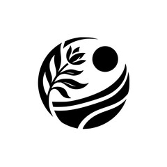 A minimalist black and white logo depicting a plant with leaves and flowers inside a circle, with a sun-like element and flowing lines, evoking natural harmony.