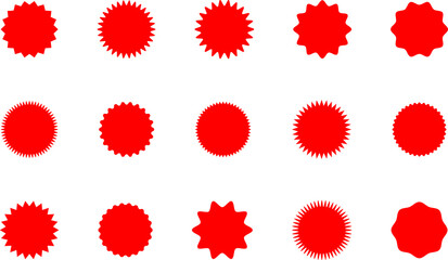 Starburst red sticker set - collection of special offer sale oval and round shaped sunburst labels and badges. Promo stickers with star edges