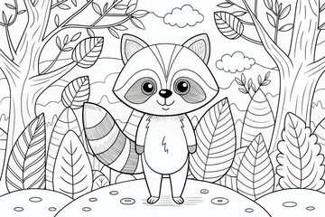Black and White Raccoon Forest Coloring Page -  Wildlife Illustration for Kids