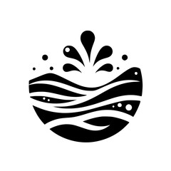 Abstract Black and White Graphic Depicting Water Fountain Splashing, with Swirling Lines and Stylized Bubbles within a Semi-Circular Bowl-like Structure.