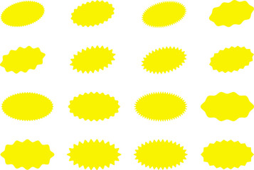 Starburst yellow sticker set - collection of special offer sale oval and round shaped sunburst labels and badges. Promo stickers with star edges