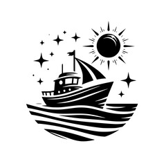 Stylized black and white nautical emblem featuring a boat sailing on stylized waves beneath a sun and stars, suggesting a serene voyage.