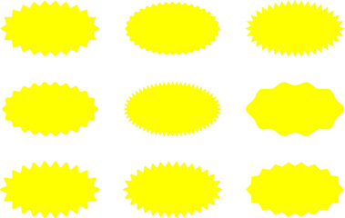 Starburst yellow sticker set - collection of special offer sale oval and round shaped sunburst labels and badges. Promo stickers with star edges