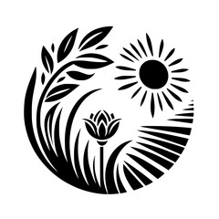 Black and White Circular Nature Illustration: Featuring Sun, Flora, Landscape Elements, Artistic Symmetry, and Botanical Forms.