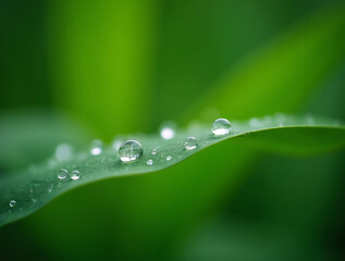 Water drops on green flower leaf.Macro photography.