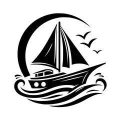A stylized black and white nautical emblem depicts a sailing boat on rolling waves, beneath a crescent moon and three soaring birds, evoking a sense of adventure.