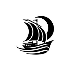 Stylized black and white illustration of a sailboat with billowing sails, the moon, and gentle waves, evoking a nautical theme.