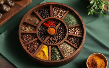 Assortment of Spices in Wooden Carousel Container on Green Background
