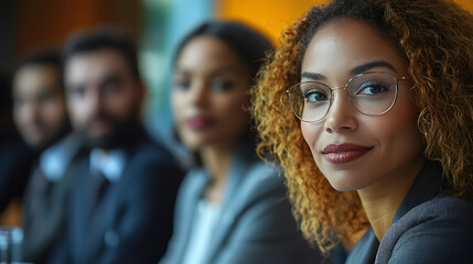Fototapeta premium Diverse business professionals engaged in a corporate meeting with a woman in glasses and a man present