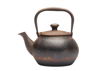 Artfully aged cast iron kettle on display, showcasing unique texture and craftsmanship isolated on transparent background