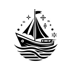 Stylized Black and White Nautical Illustration of a Sailing Boat Adorned with Geometric Embellishments and Wavy Lines.