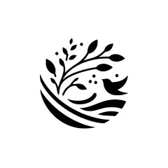 Monochromatic circular logo depicting a serene scene with stylized branches, leaves, a flying bird, and flowing lines evoking water, set against a minimalist white background.