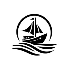 Stylized Black and White Sailing Ship Within a Circle, Representing the Ocean, Symbolizing Adventure, Isolated on White.