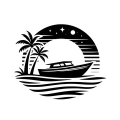 Obraz premium Monochromatic Coastal Scene: A Boat Sailing Under Palm Trees and a Starry Night Within a Circular Design