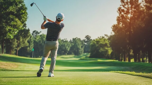 Golfer driving on a sunny golf course.