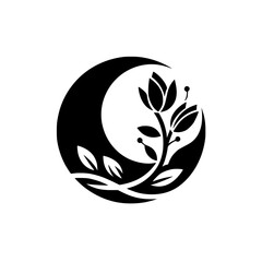 Fototapeta premium Intricate black floral design featuring a blooming branch against a crescent moon backdrop, creating a harmonious emblem, set on a white background with a subtle shadow effect.