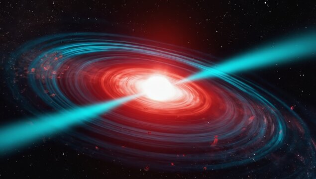Red Spiral Galaxy with Bright White Nucleus Emitting Blue Plasma Jets - made with Generative AI