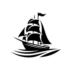 Stylized, black and white illustration of a classic sailboat gliding across the ocean waves, showcasing nautical themes.