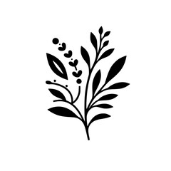 Minimalist Black Botanical Illustration on White Background, Featuring a Delicate Branch with Leaves, Berries, and Twigs, Evoking Nature's Simplicity.