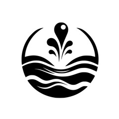 Monochromatic Circular Logo of Water Fountain: A stylized black and white illustration capturing a water splash, within a circle, suggesting purity.