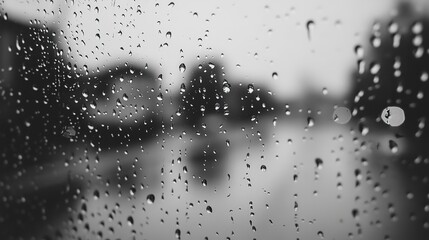 Obraz premium Photograph showing raindrops on window glass with a blurry background on a rainy day, featuring a gray and blue color theme.