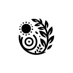An elegant black and white logo design of a stylized sun, organic shapes and leafy branches encapsulated in a circular composition, representing harmony.