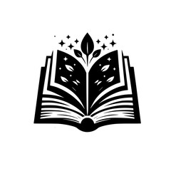A stylized, black and white logo depicts an open book with leafy branches emerging from its pages, adorned with stars, symbolizing knowledge and growth.