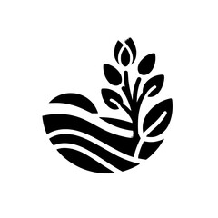 Stylized Black and White Logo Depicting a Plant with Leaves Emerging from a Curved Earthly Formation.