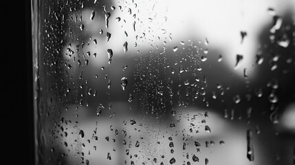 Obraz premium Photograph showing raindrops on window glass with a blurry background on a rainy day, featuring a gray and blue color theme.