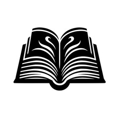 A stylized, high-contrast, black and white graphic of an open book, featuring decorative curved lines emanating from the central spine and resembling ornate calligraphy.